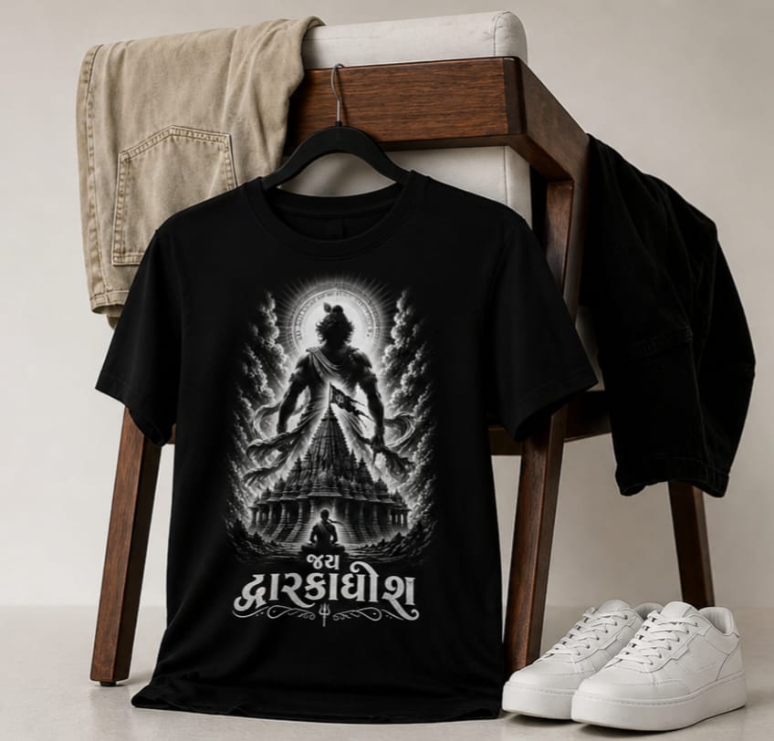 black DWARKADHISH printed Unisex Standard Crew T-Shirt for krishna's devotes